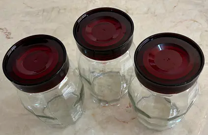 Set of 3 Glass Kitchen Storage Jars with Dark Red Lids - excellent Condition