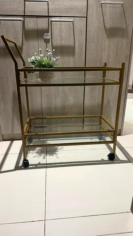 Gold Metal  Glass Food Serving Trolley on Wheels