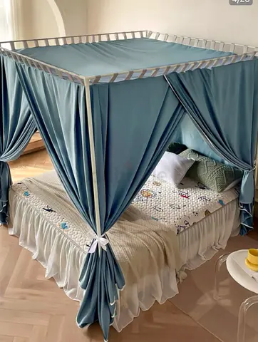 Blue Canopy Bed Frame with Draped Curtains. Size 1.8cm * 2m
