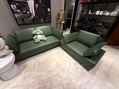 Green Leather 3- Piece Sofa Set - Modern Compact Design