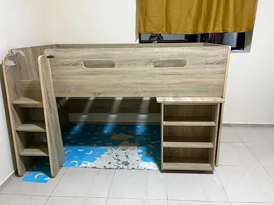 Wooden loft kids bunk bed with stairs and storage - single, good condition. (Free)