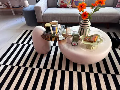Modern Black  White Striped Rug with Coffee Table Set
