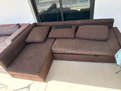 Brown L-shaped Fabric Sofa with Chaise - Good Condition