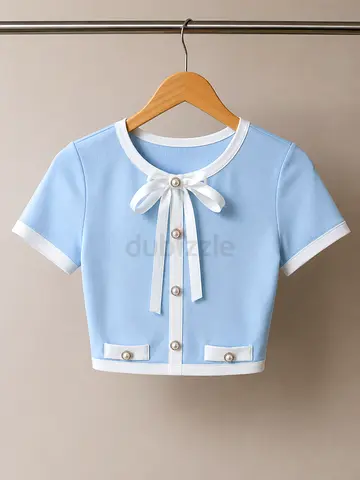 Light Blue Cropped Short-Sleeve Top with Ribbon Detail