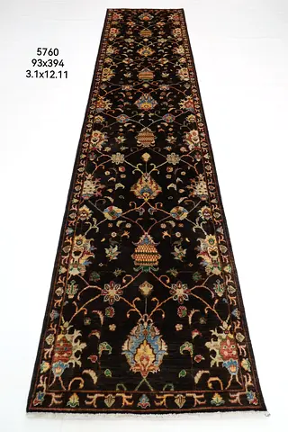 93x394 cm | 13ft Handmade Long Traditional Floral black sultani Runner Rug afghan cool rug carpet