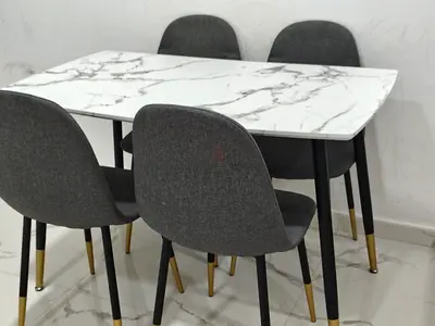 4-Seater Marble Design Top Dining Table with Grey Fabric Chairs (Set)