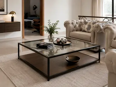 Marina Home Square Glass Top Coffee Table with Lower Shelf — Modern Industrial