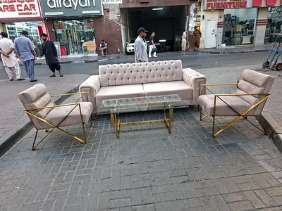 3-piece Velvet Sofa Set with Gold Metal Frame and Glass Coffee Table