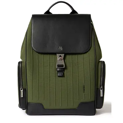 RIMOWA Never Still Flap Backpack Large, featuring a distinct cactus green canvas body