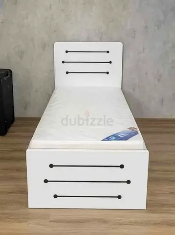 Single white wooden bed with mattress - modern design