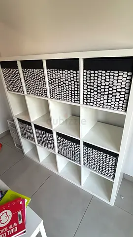 White 12-Cube Storage Shelf with Fabric Boxes - Good Condition. Collection from Villanova