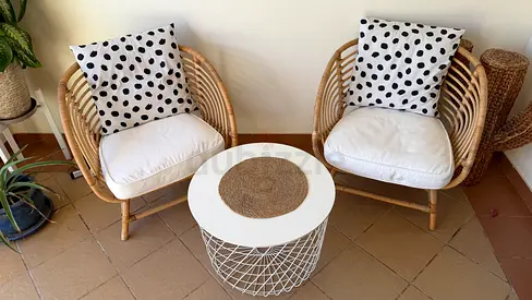 IKEA rattan conversation set — 2 armchairs + center table