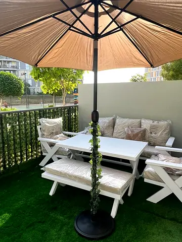 Quick Sale - Outdoor garden dining set without parasol - white wooden benches and table