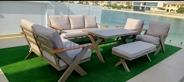 7-piece Outdoor Patio Sofa Set with Coffee Table and Ottoman - Light Grey Cushions