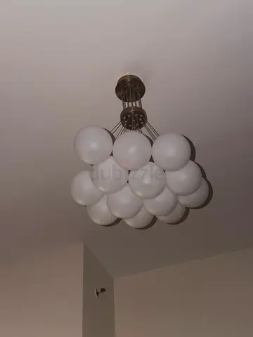 Mid-century multi-globe ceiling chandelier - 15 opal glass globes
