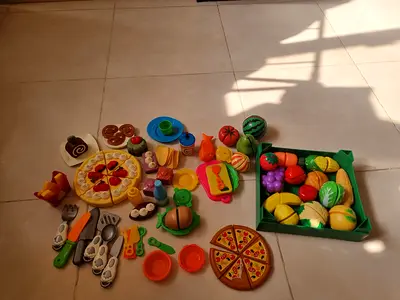 Kids Play Food Set with Pizza, Fruits  Kitchen Accessories (Pre-loved)