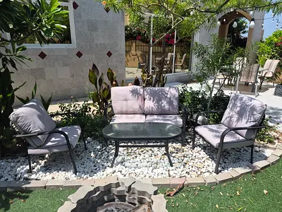 Outdoor Garden Seating Set with Glass Top Table