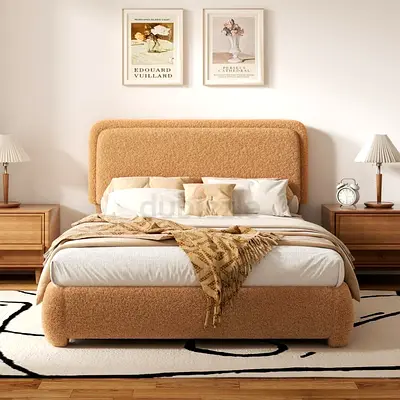 Upholstered Double Bed with Headboard - Beige/Teddy Fabric