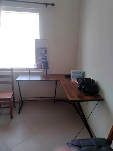 L-shaped Wooden Office Desk with Metal Frame - Good Condition
