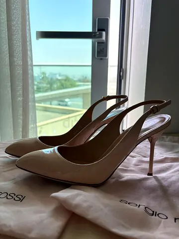 Sergio Rossi Beige Patent Leather Slingback Heels - Size 37, used once