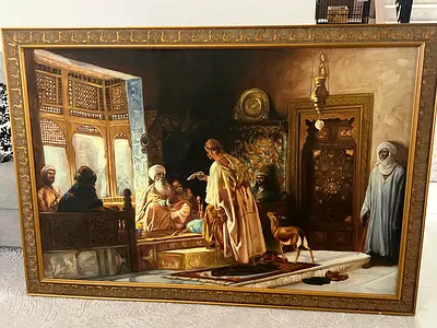 Framed Oil Painting of Interior Scene with Antelope (Vintage)