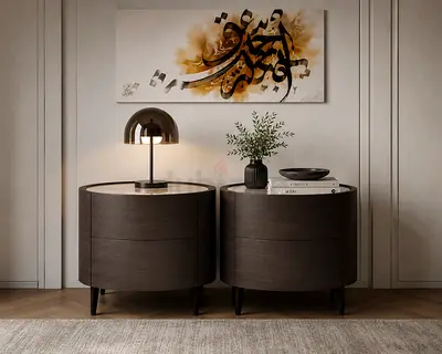 Pair of Round Dark Wood Bedside Tables with Marble Tops from Bloomingdales
