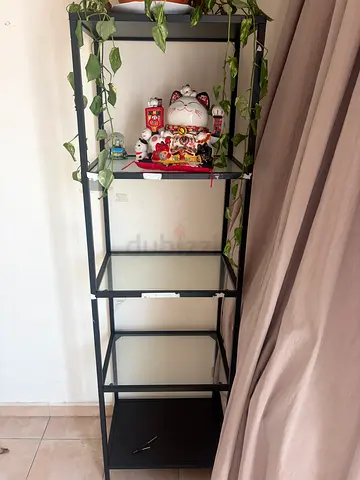Black Metal Open Shelf Unit with Bottom Cabinet — Good Condition