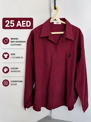 Maroon Long-Sleeve Mens Shirt - Good Condition, Size L to Semi XL - 25 AED