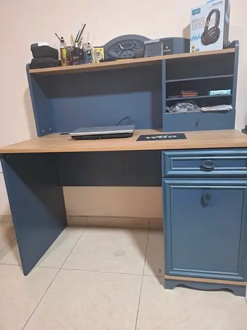 Blue Wooden Study Desk with Hutch and Storage Cabinet