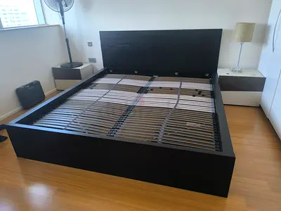 King size black wooden bed frame with headboard (no mattress)