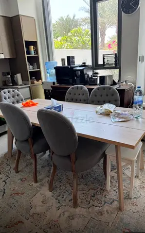 Modern ikea Wooden Dining Table with 5 marina home Upholstered Grey Chairs