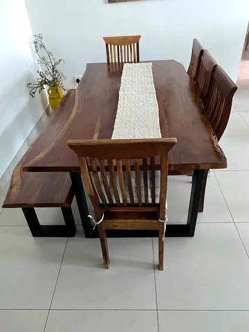 Solid Wood Live-Edge Dining Table with 6 Matching Chairs and Bench