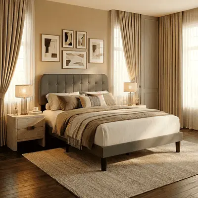 Queen upholstered bed with mattress - neutral modern bedroom set
