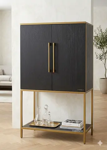 Crate and Barrel Modern Black Wood Cabinet with Gold Frame — 2-Door Bar  Cabinet