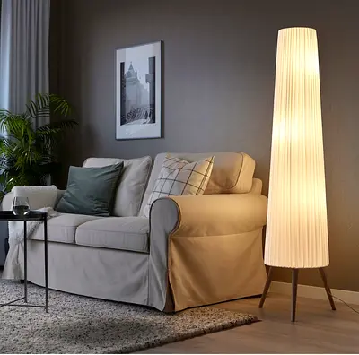 Tall Fabric Floor Lamp with Wooden Tripod Base - Warm Ambient Light