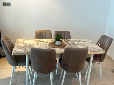 Marble-style Dining Table with 6 Velvet Chairs - Good Condition