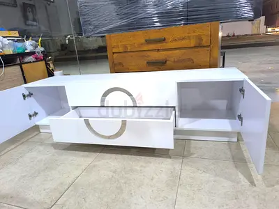 White leather High Gloss TV Cabinet with Storage and Drawers