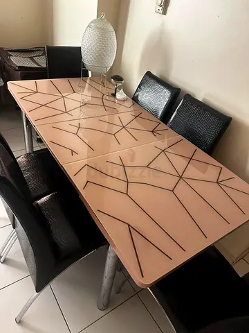 Glass-top Dining Table with 6 Black Leather Chairs - Modern Design