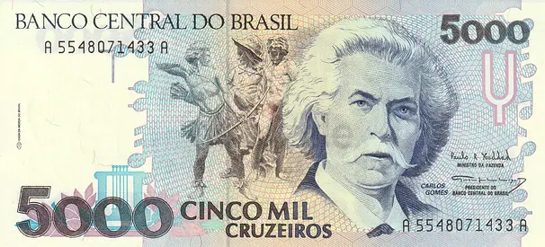 BRAZIL 5000 CRUZEIROS BANKNOTE 1993