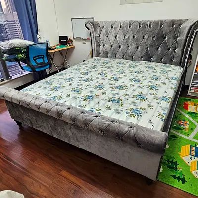 Grey Velvet King Bed Frame with Tufted Headboard.
