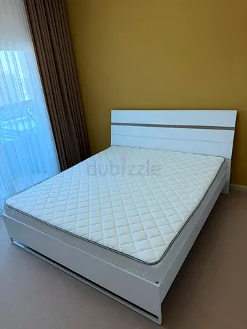 White Double Bed with PAN Homes Mattress - Modern Headboard. Perfect almost new condition.
