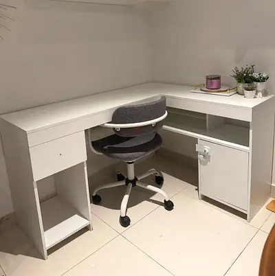 White L-shaped Corner Study / Word Desk with Storage along with a Chair - Good Condition