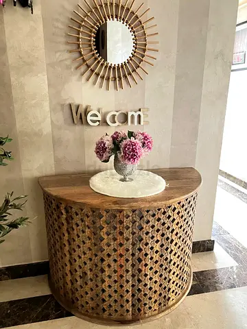 Handcrafted Wooden Half-Moon Console Table with Lattice Design