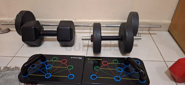 Home dumbbell set with barbell, push-up board and handles - used