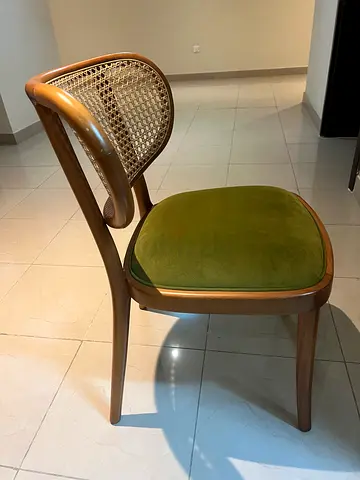 6 Vintage Style Wooden Chair with Green Velvet Seat and Cane Backrest