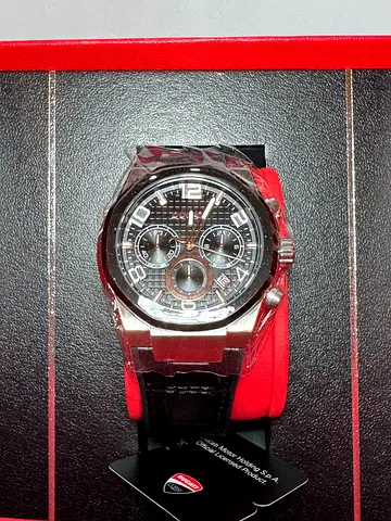 Ducati Mens Stainless Steel Chronograph Watch with Black Leather Strap