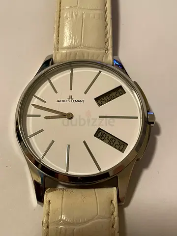 Jacques Lemans analog-digital mens watch with white leather strap