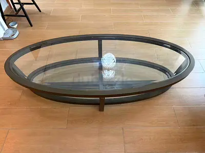 Oval Glass Coffee Table with Metal Frame - Low Profile