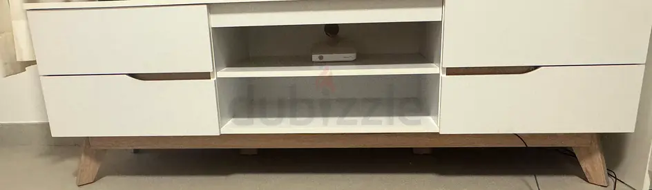 White TV Unit / Entertainment Console with Wooden Legs - Good Condition