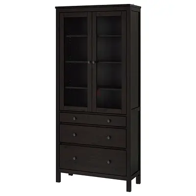 Dark Wood Glass-Front Cabinet with 3 Drawers (IKEA Vitrine Style)
